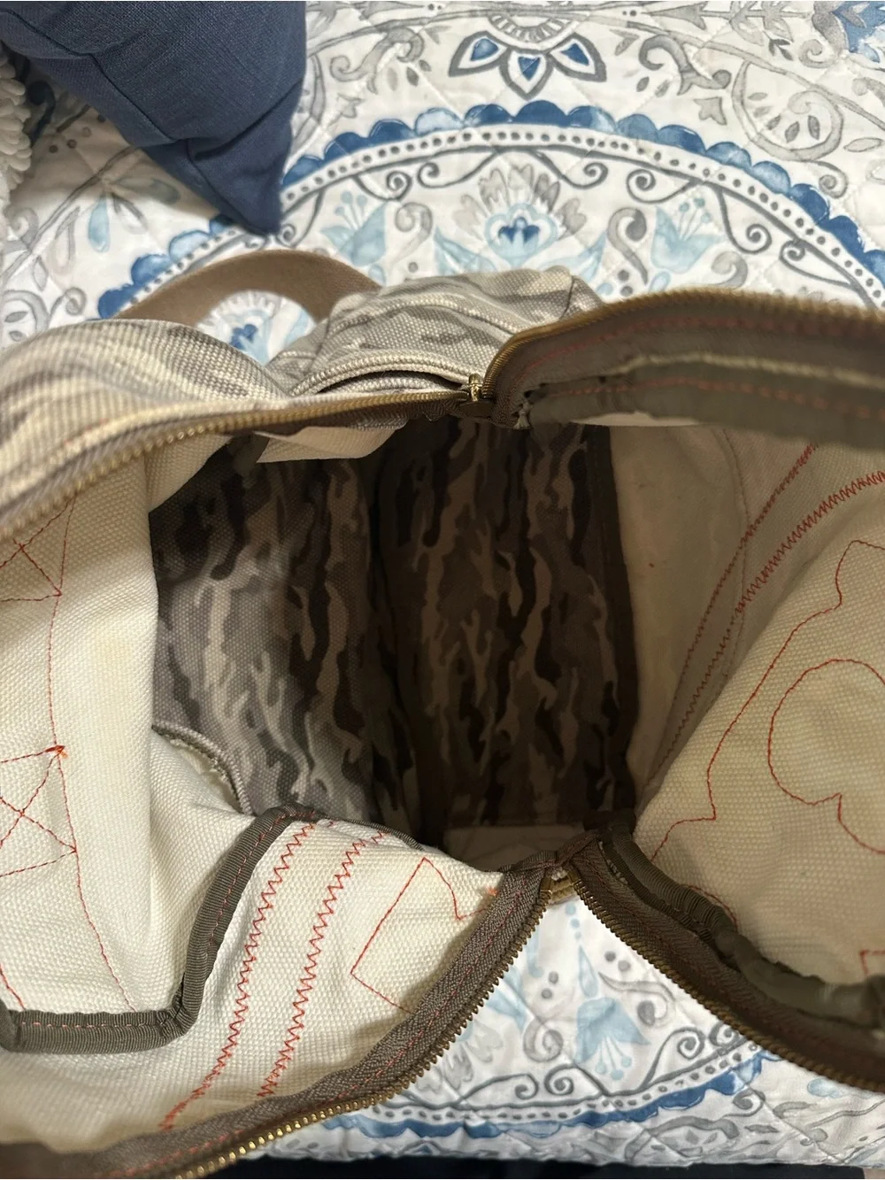 Tory Burch Camo Canvas Backpack with Red/Orange Accent